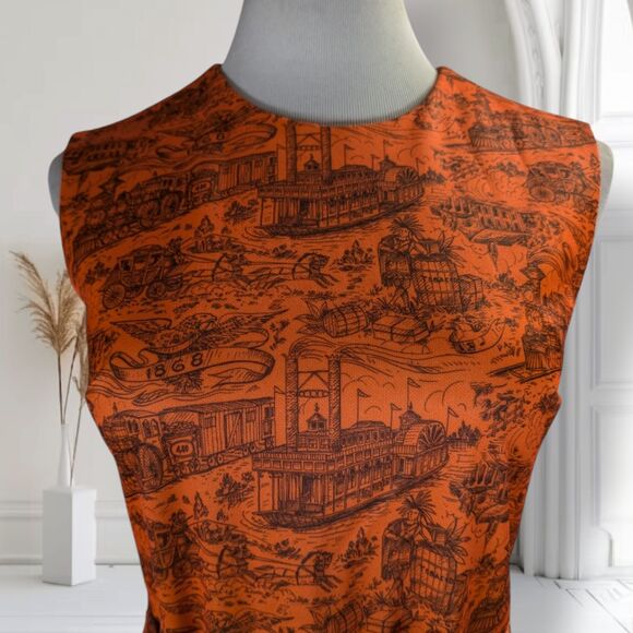 Vintage 60s Mod Belted Shift Dress Size S Orange Americana Print Old West - Picture 6 of 14